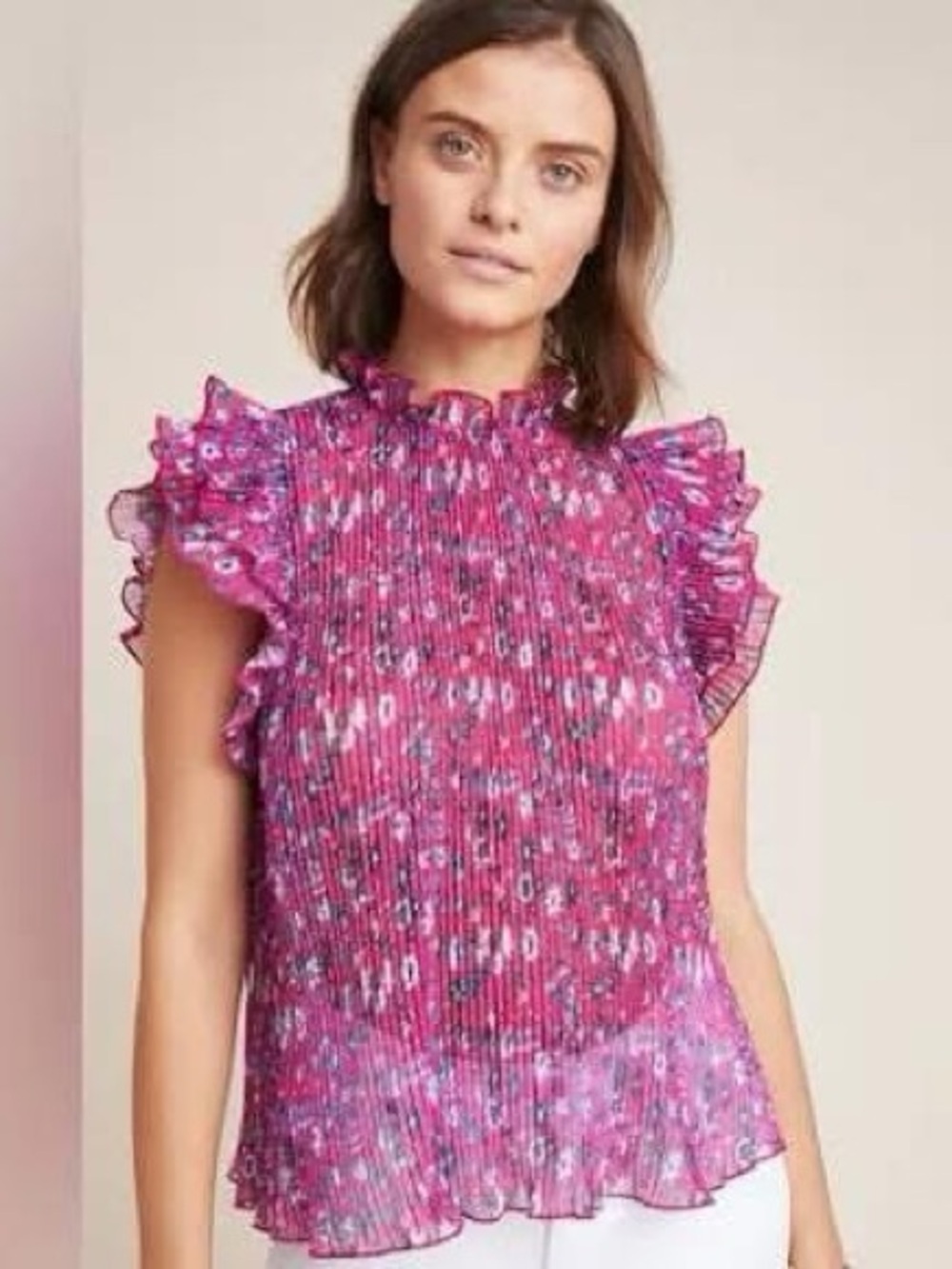 Pleated Ruffle-Neck Floral Blouse in Pink